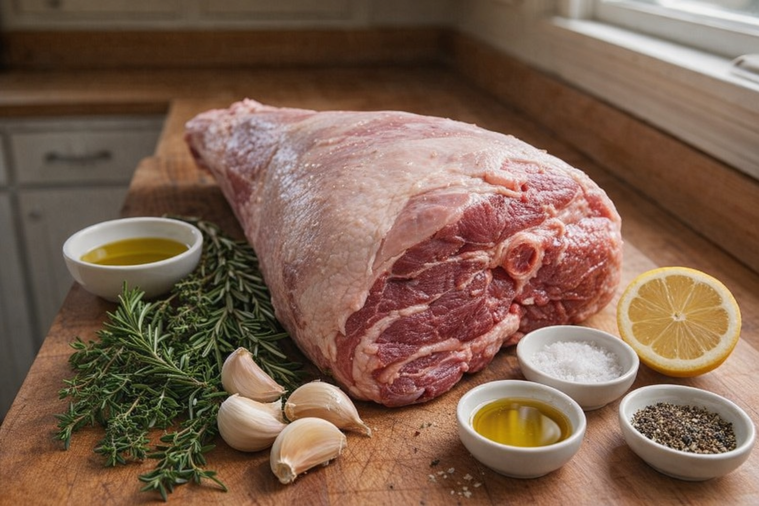 Close up of raw leg of lamb on a cutting board with garlic cloves, fresh rosemary, thyme, olive oil, salt, pepper, and lemon. Natural light from a kitchen window